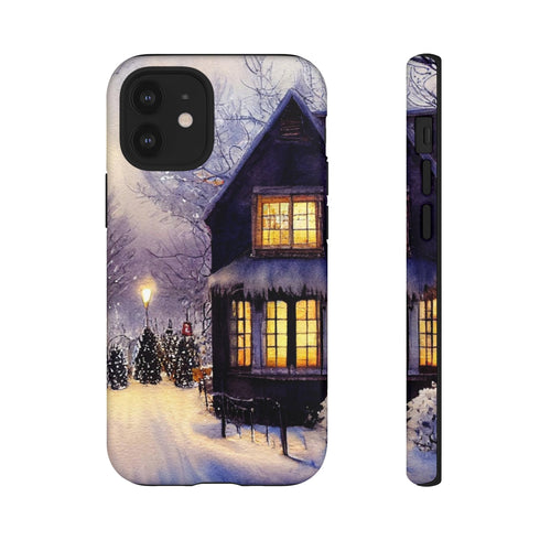 Glowing Homes in the Snow with Christmas Decorations - Impact Resistant Phone Case iPhone 12 Mini Matte